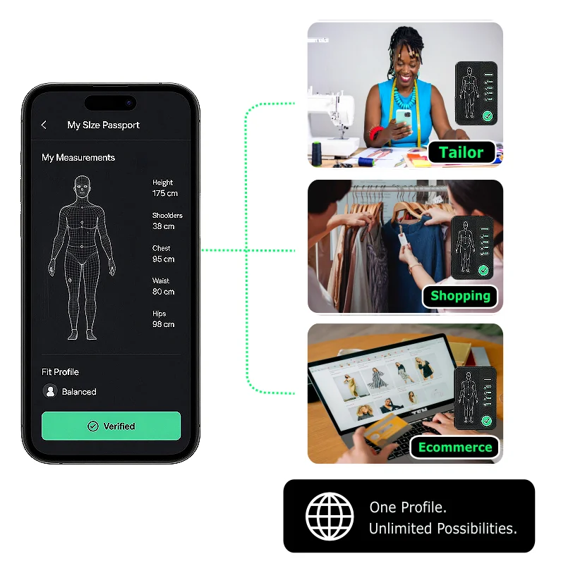 Mobile Tailor dashboard size profile interface